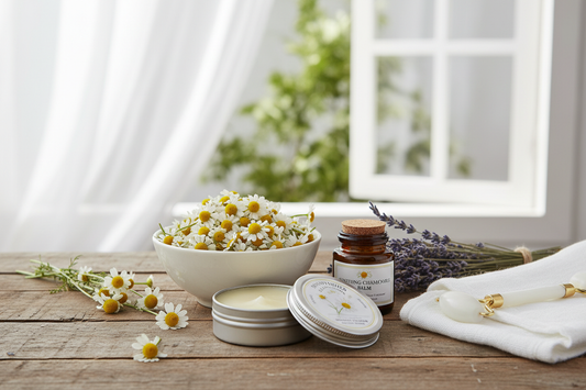 Fresh chamomile flowers beside an amber apothecary bottle on natural linen in soft morning light — Bovanique botanical skincare