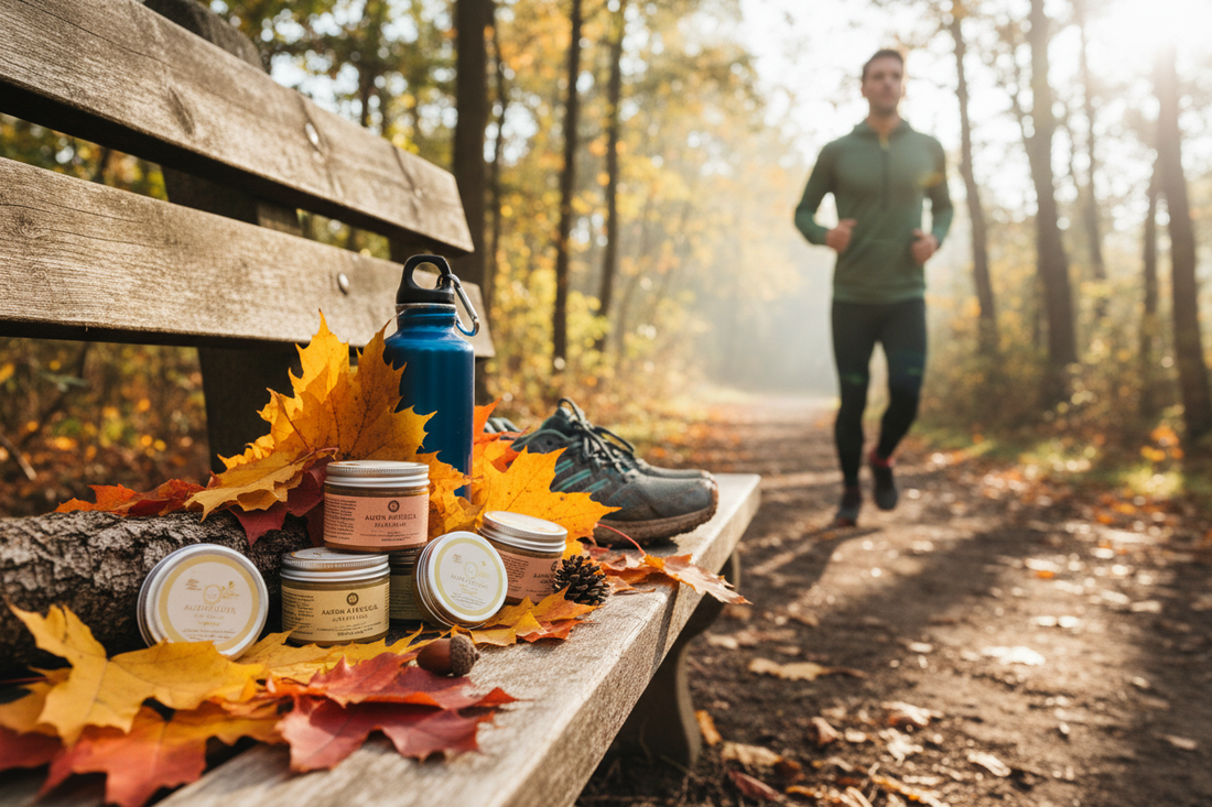 Hiker on an autumn trail with warm golden-hour light and botanical skincare products in amber jars on natural linen — Bovanique active fall skincare