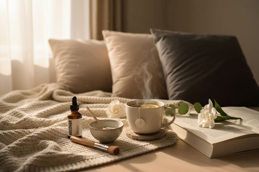 Cozy self-care setting with lavender sprigs, herbal tea, botanical skincare balm and soft linen in warm late-summer light — Bovanique Labor Day wellness