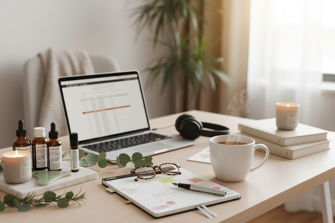 Cozy autumn workspace with herbal tea, a notebook, amber botanical skincare jars, and natural linen in warm golden light — Bovanique self-care ritual