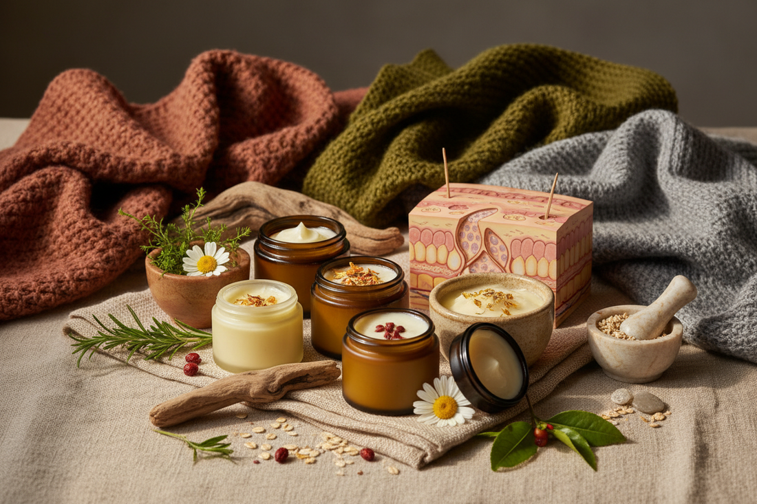 Autumn skincare routine with amber glass jars, calendula flowers, and folded linen towels in soft natural light — Bovanique botanical barrier care