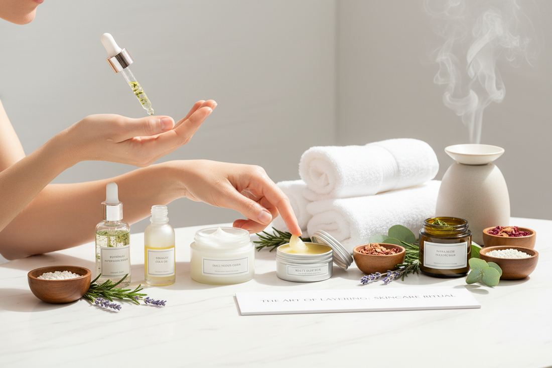 Natural skincare routine on a wooden vanity with amber jars, folded linen towels, and botanical ingredients in soft morning light — Bovanique botanical balms