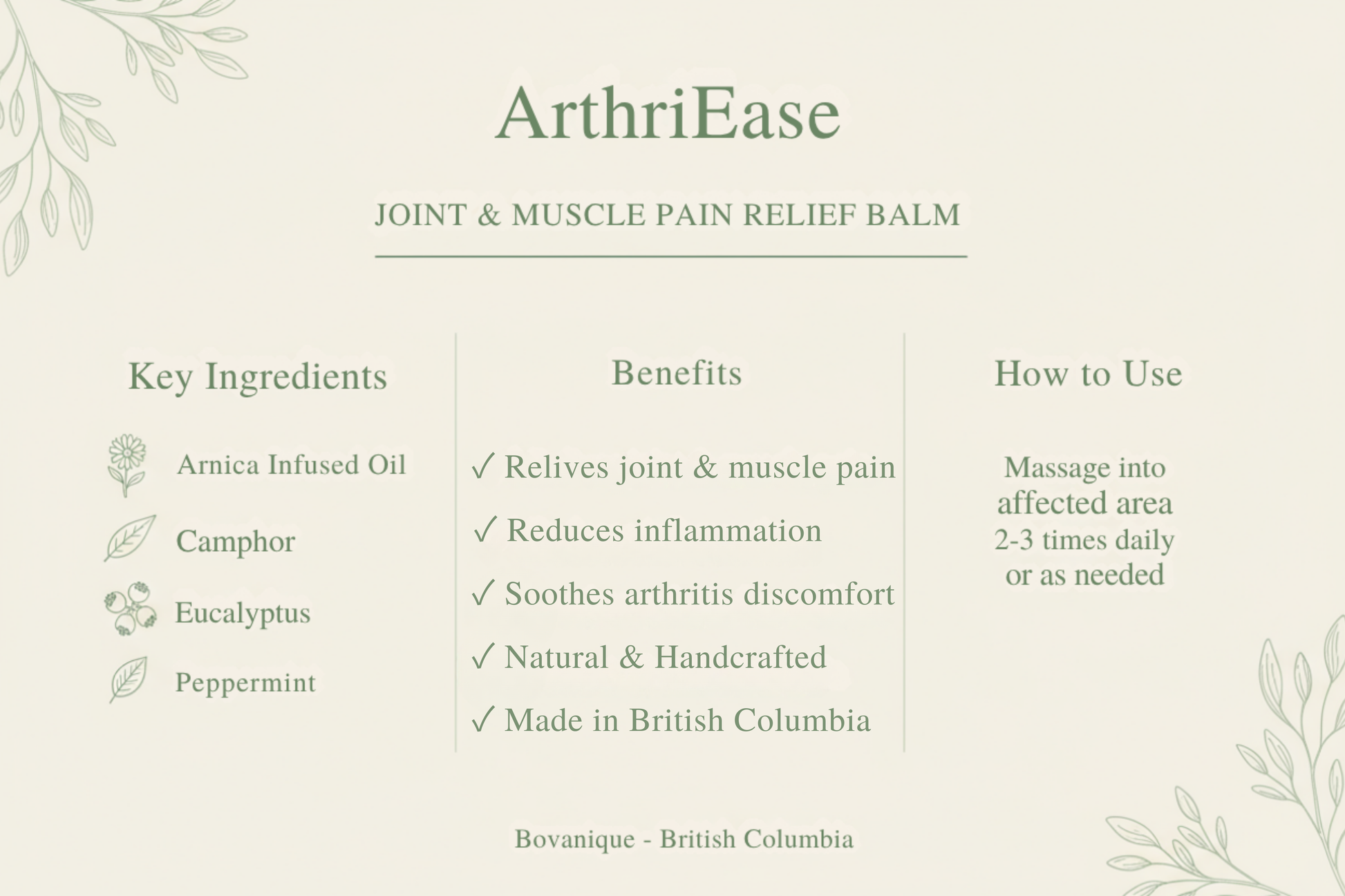 ArthriEase ingredients and benefits - arnica, camphor, eucalyptus, peppermint
