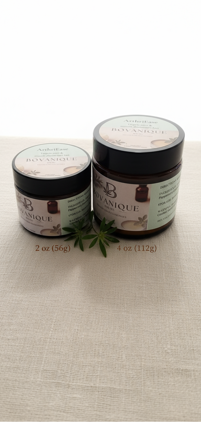 ArthriEase natural pain balm size comparison 2oz vs 4oz - joint relief balm by Bovanique Balms