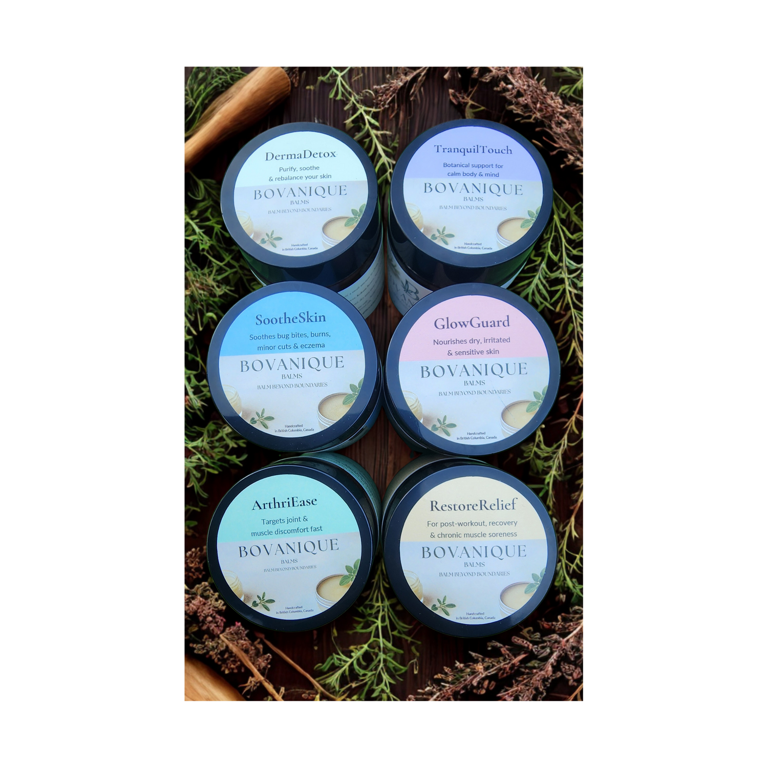 Complete natural balm collection - All 6 Bovanique botanical balms for pain relief, sleep, stress, eczema, acne, and radiant skin