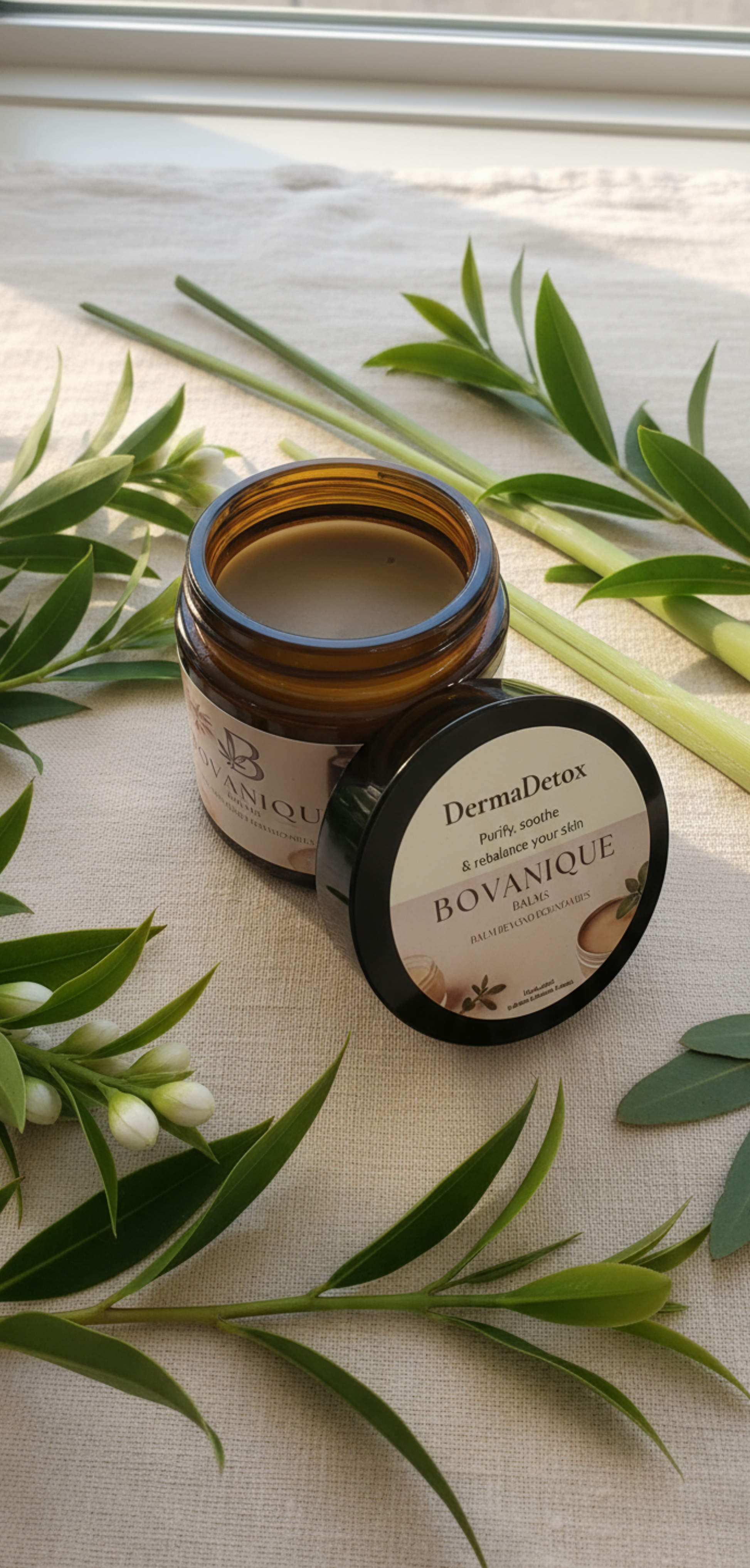 Natural acne treatment balm with tea tree and neem oil - DermaDetox clarifying skin balm handcrafted in Vancouver BC