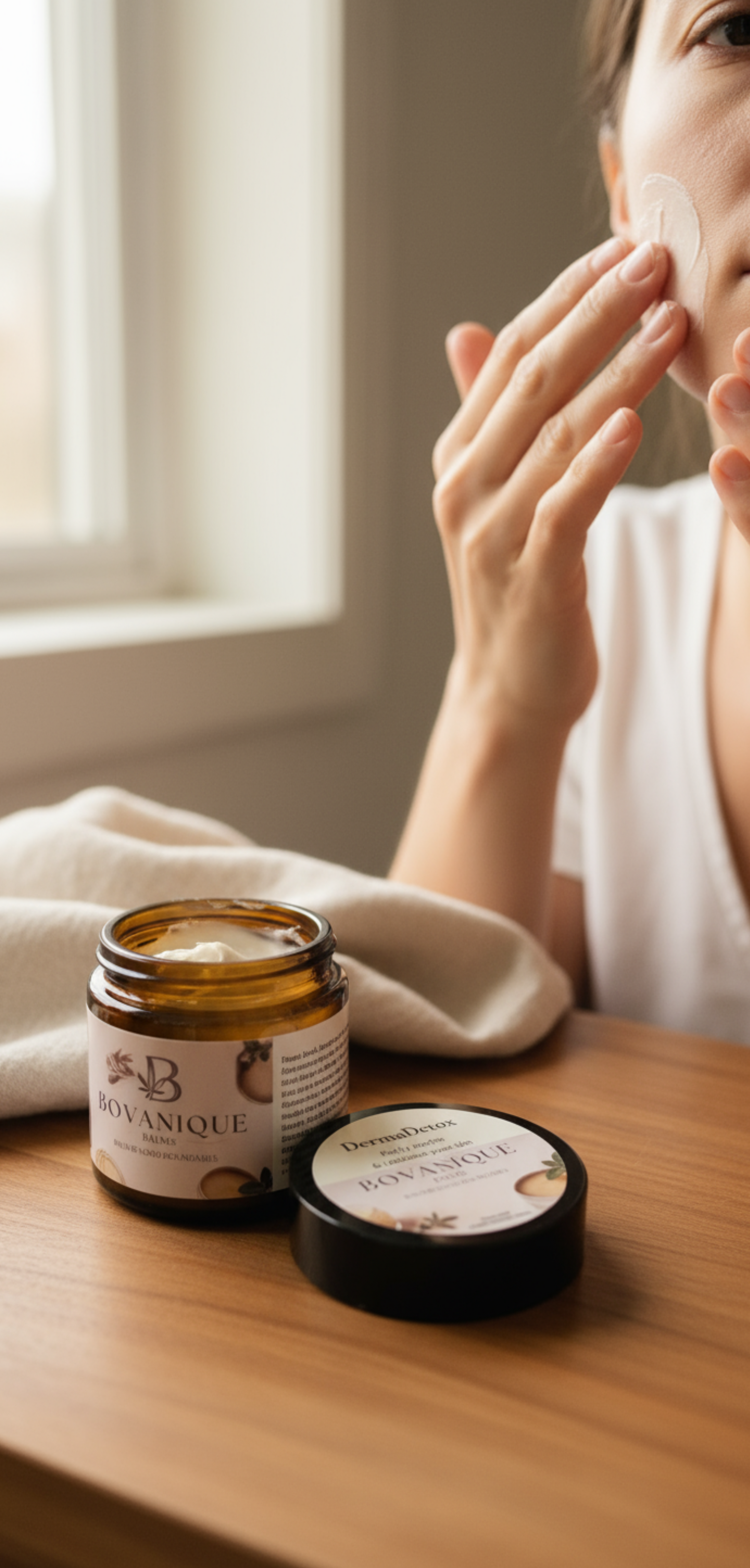 Applying natural acne treatment balm to face for blemish and breakout relief - DermaDetox purifying skin balm