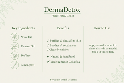 DermaDetox natural ingredients - neem oil, tamanu oil, tea tree, lemongrass for acne and blemish treatment
