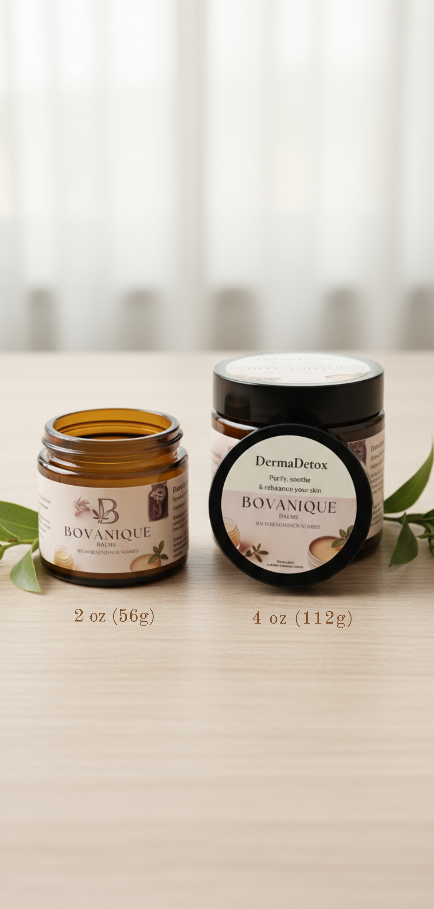 DermaDetox natural acne balm size comparison 2oz vs 4oz - clarifying skin treatment by Bovanique Balms