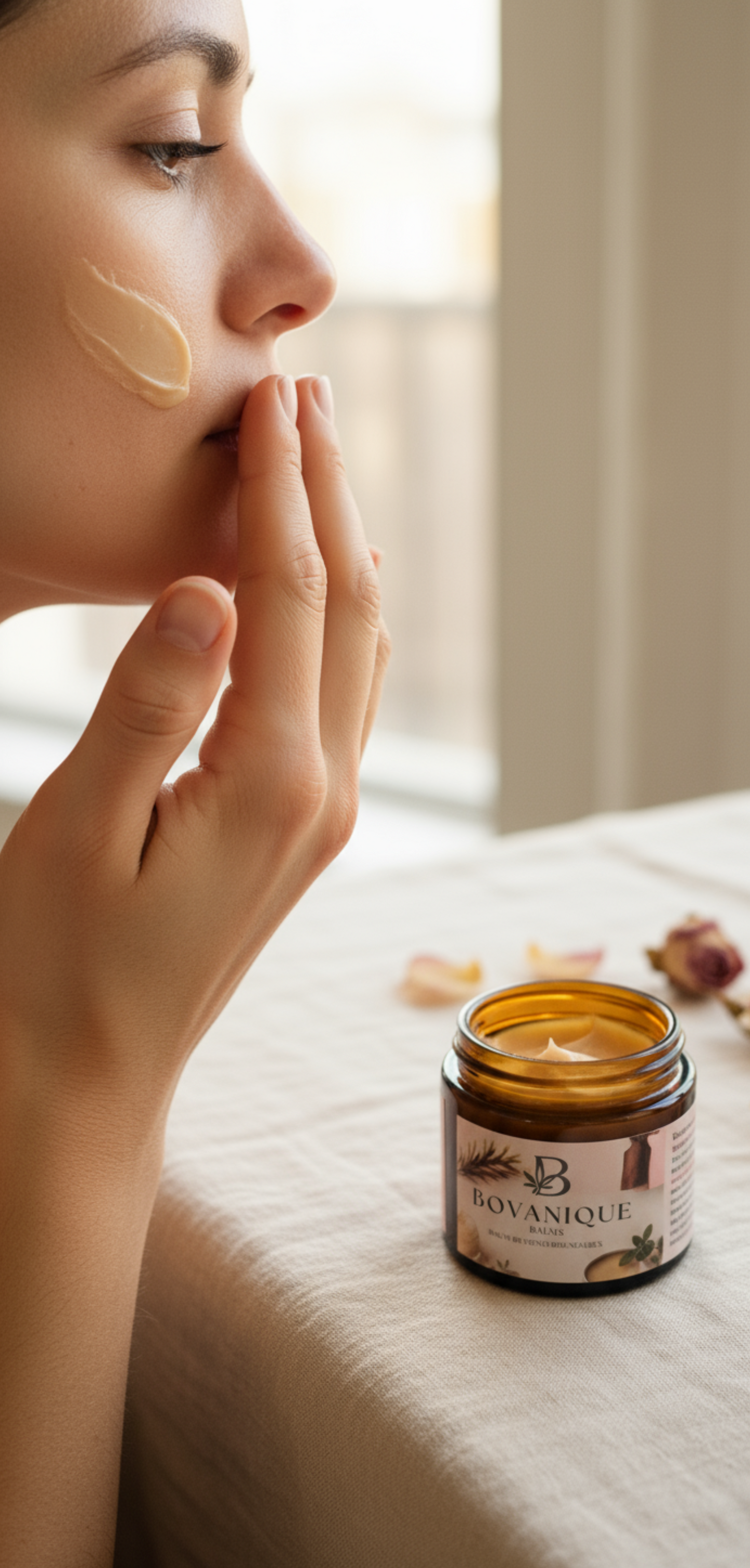 Applying natural brightening balm to face for radiance and even skin tone - GlowGuard anti-aging facial balm