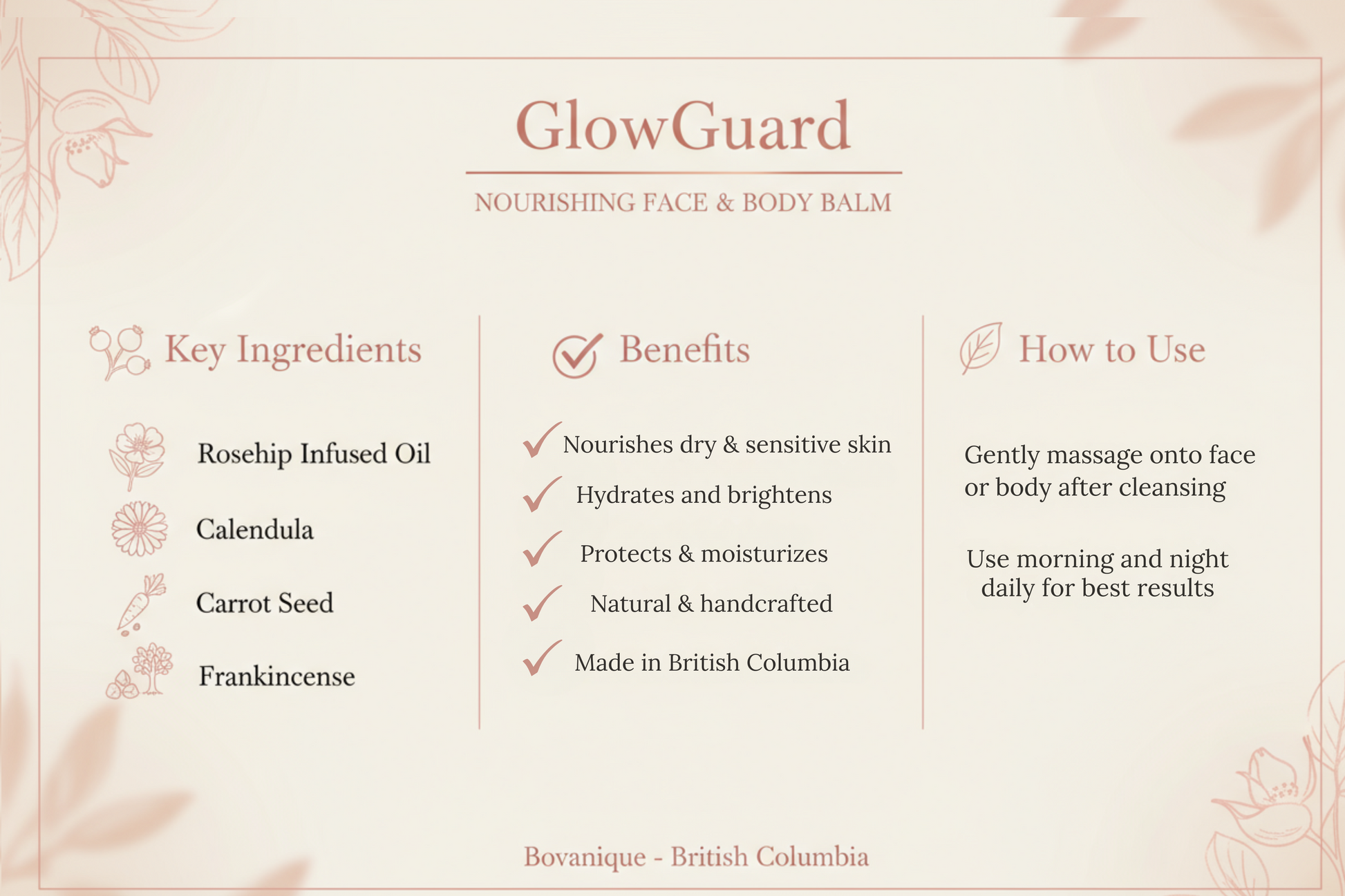GlowGuard natural ingredients - rosehip seed oil, calendula, carrot seed, frankincense for brightening and radiant skin