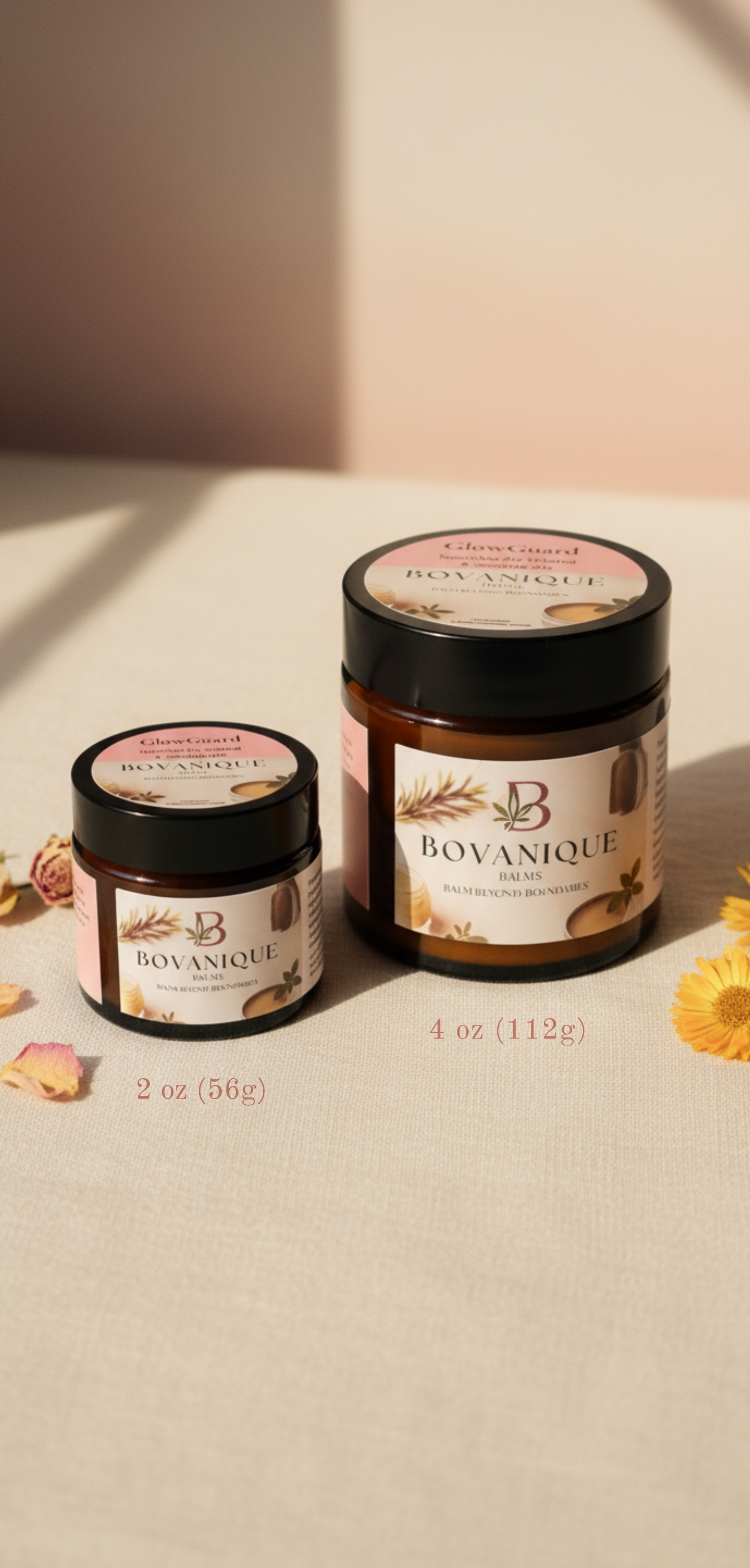 GlowGuard natural face balm size comparison 2oz vs 4oz - brightening radiance treatment by Bovanique Balms