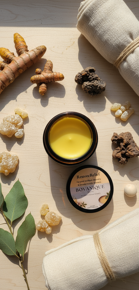 RestoreRelief Muscle Recovery Balm with turmeric and black seed oil - botanical styling