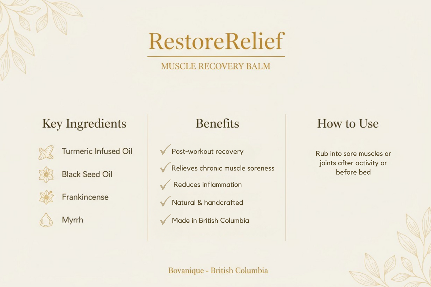 RestoreRelief natural ingredients - turmeric extract, black seed oil, frankincense, myrrh for pain and inflammation relief