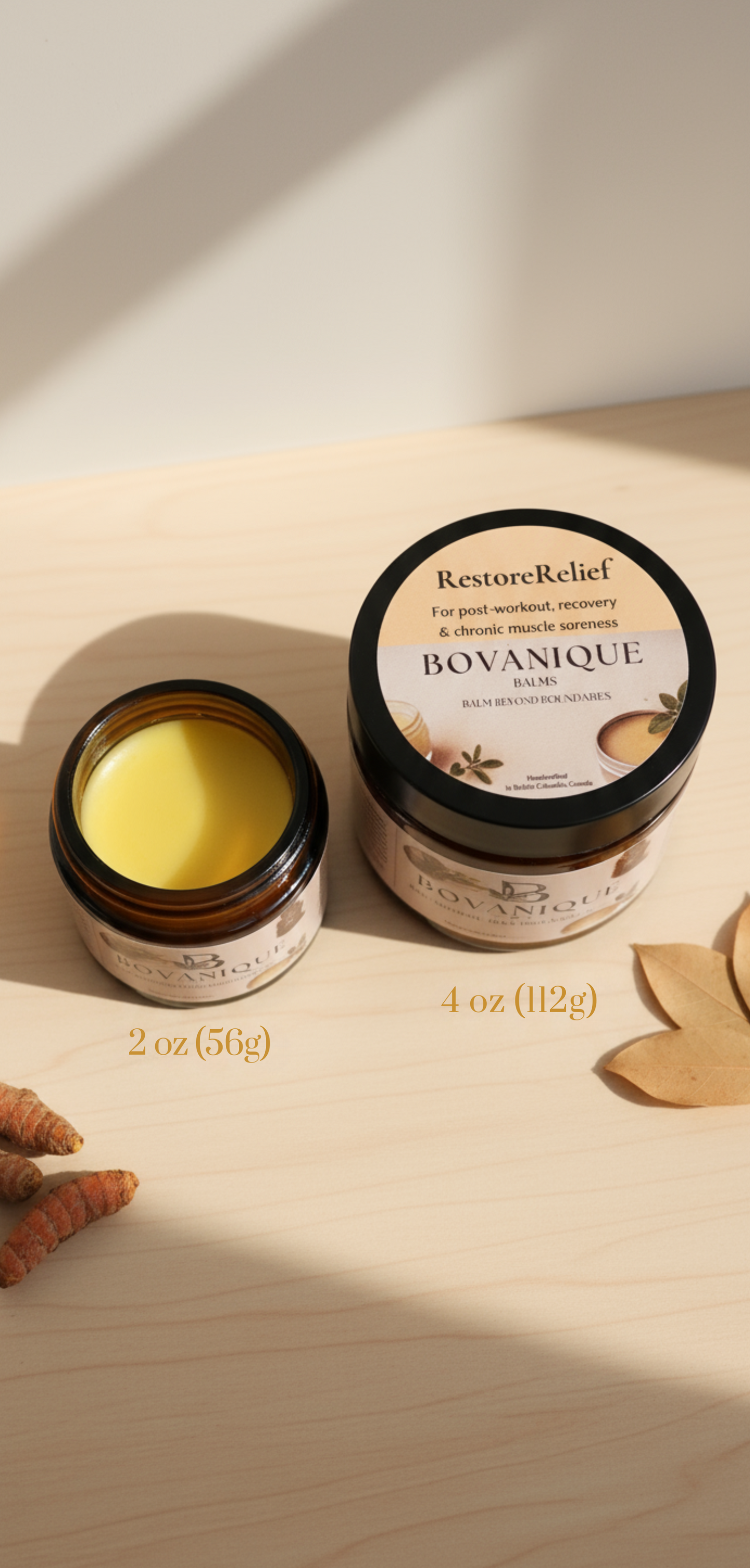 RestoreRelief natural recovery balm size comparison 2oz vs 4oz - anti-inflammatory pain relief by Bovanique Balms