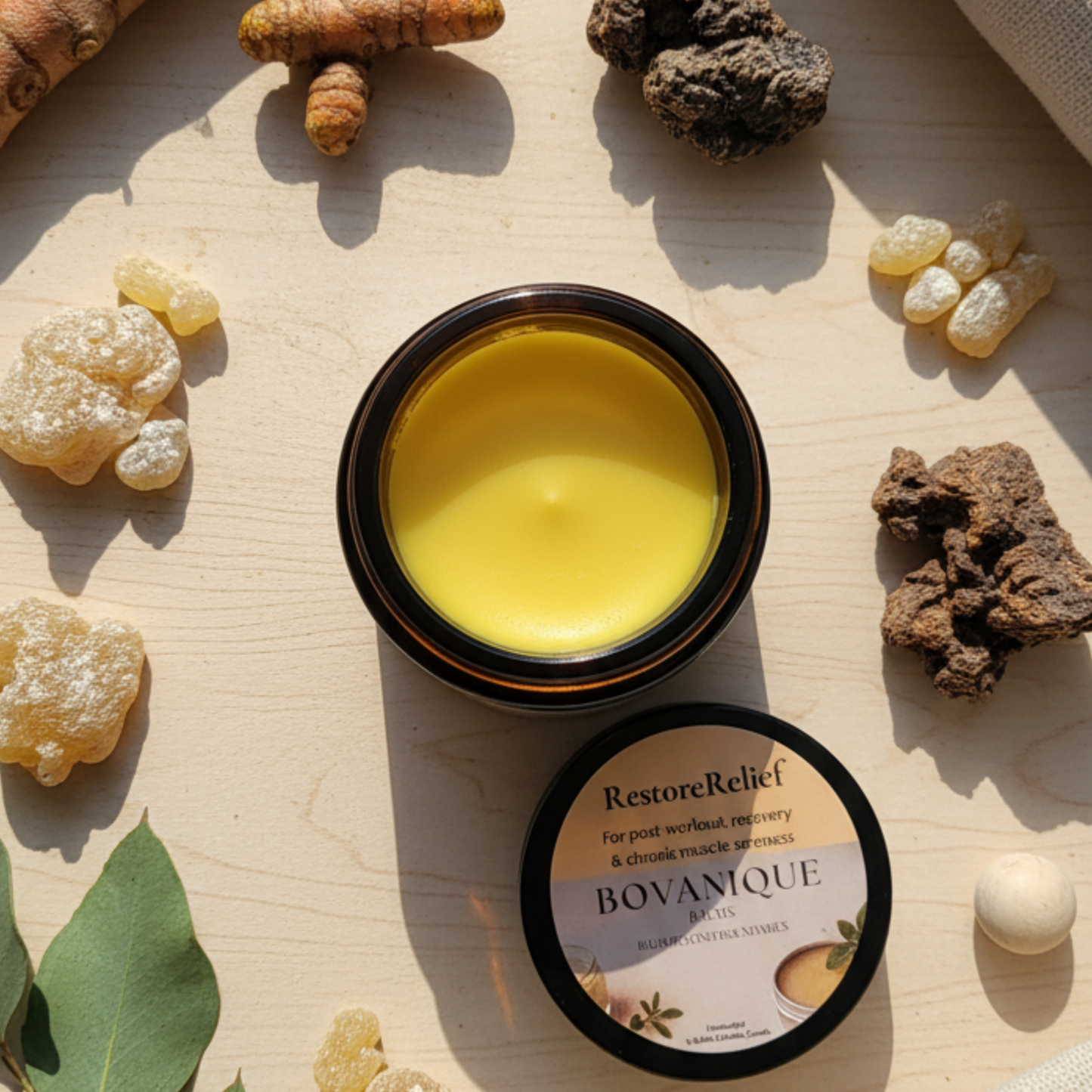 RestoreRelief botanical muscle recovery balm with turmeric and frankincense, made in BC