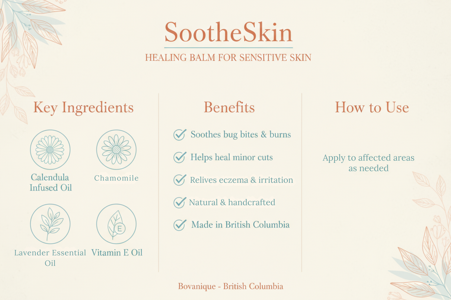 SootheSkin ingredients and benefits - calendula, chamomile, lavender, vitamin E