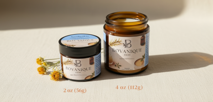 SootheSkin natural eczema balm size comparison 2oz vs 4oz - gentle sensitive skin treatment by Bovanique Balms