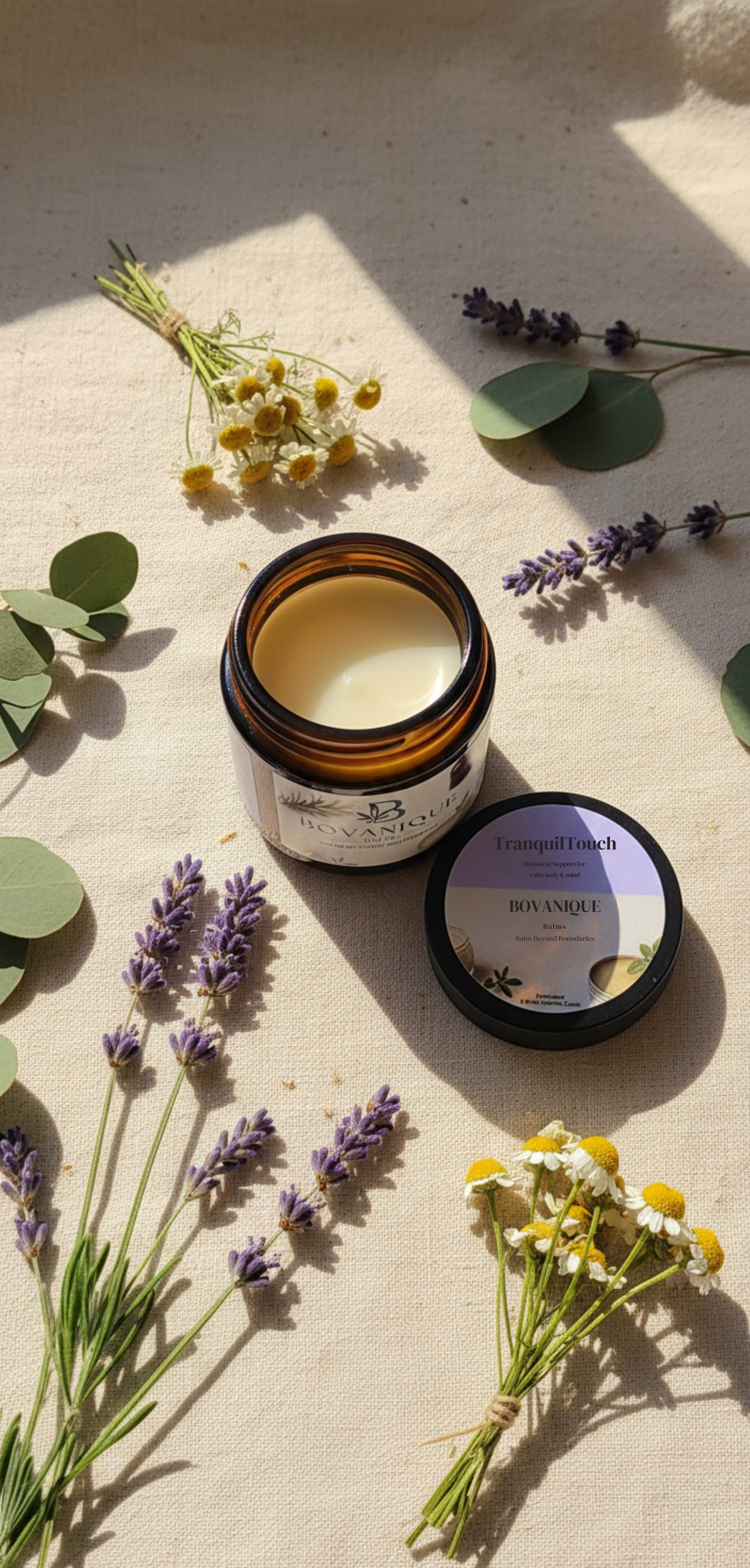 TranquilTouch Sleep and Stress Relief Balm with lavender and chamomile - botanical styling