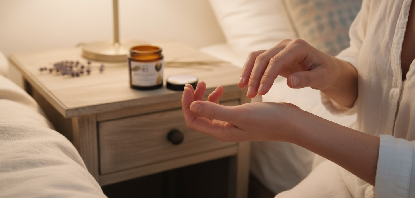 Applying TranquilTouch balm to temples and pulse points for relaxation