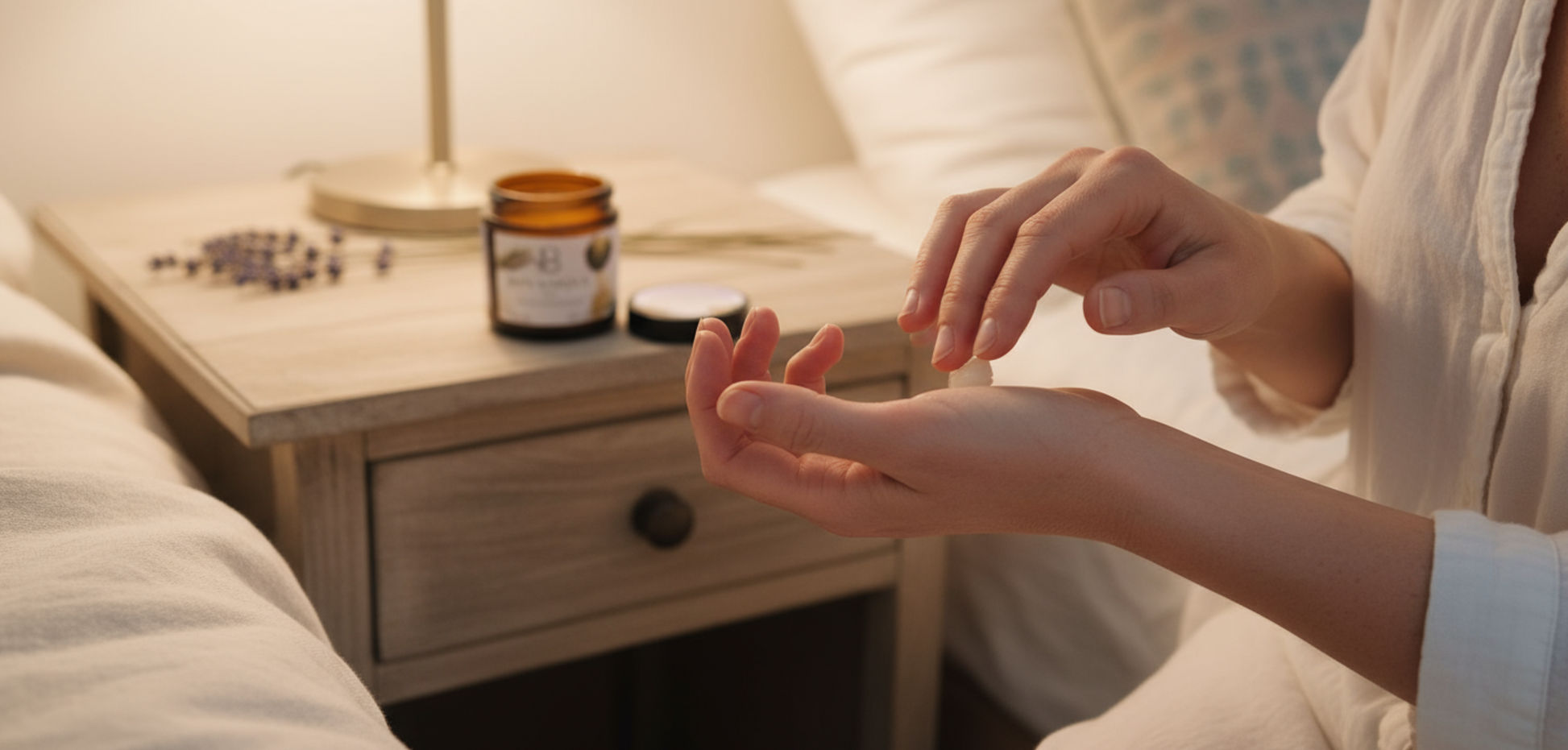 Applying TranquilTouch balm to temples and pulse points for relaxation