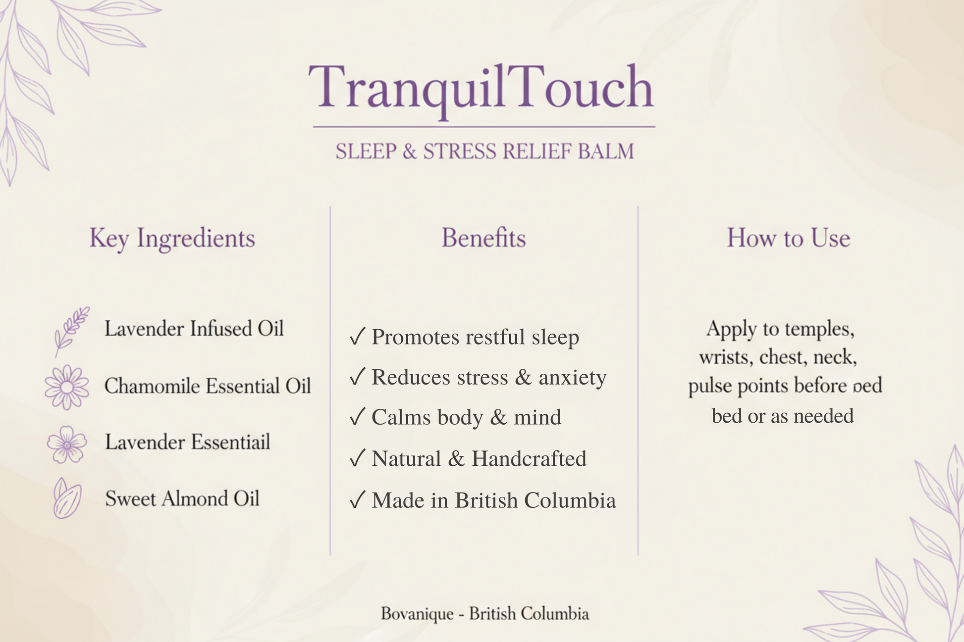 TranquilTouch ingredients and benefits - lavender, chamomile, sweet almond oil