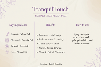 TranquilTouch natural ingredients - lavender essential oil, chamomile, sweet almond oil for sleep and stress relief